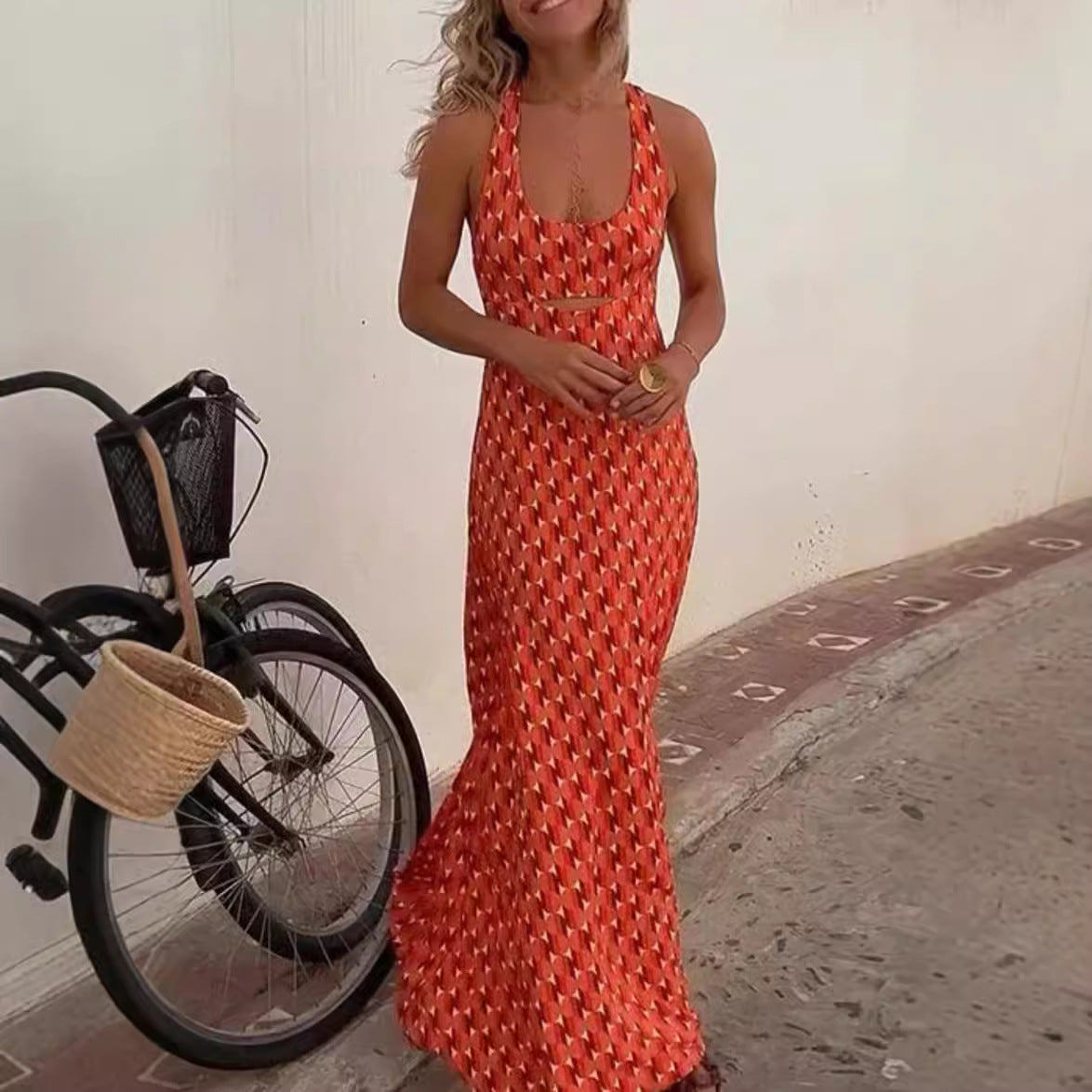Women’s Long Dress – Slim Fit Halter Neck – Cut-Out Detail – Bold Printed Fabric