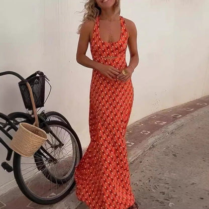 Women’s Long Dress – Slim Fit Halter Neck – Cut-Out Detail – Bold Printed Fabric
