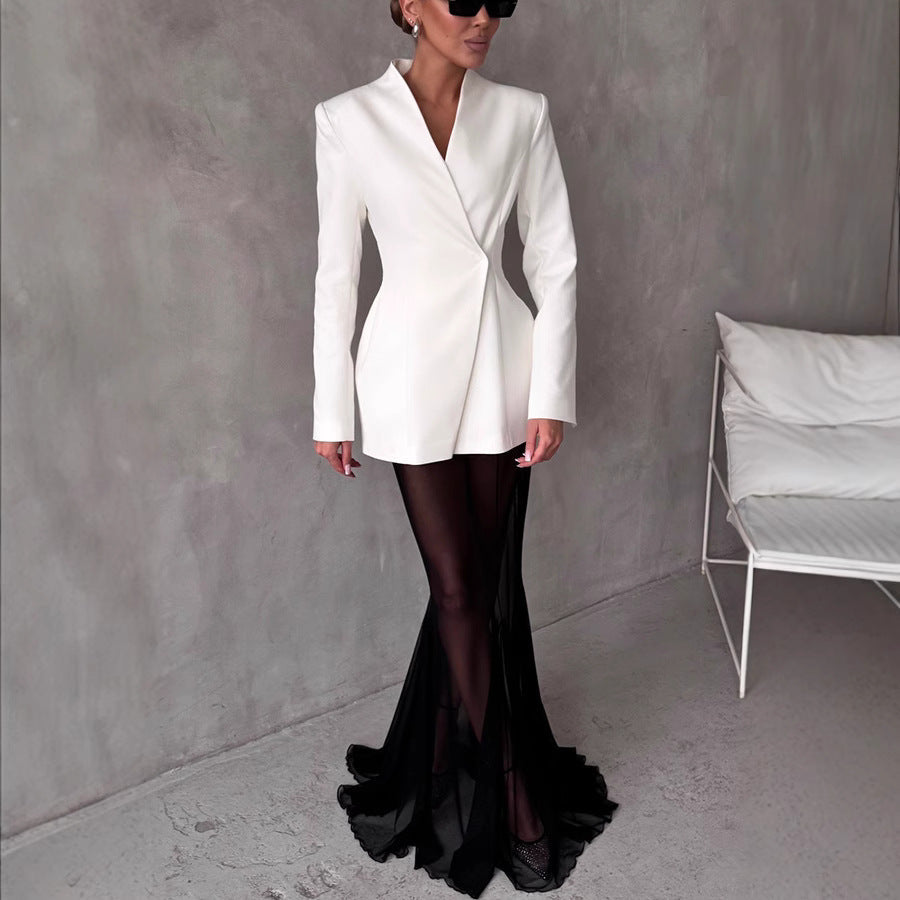 Women’s Blazer and Skirt Set – Satin Blazer Tailored Fit – Mesh Mermaid Skirt Elegant Wear