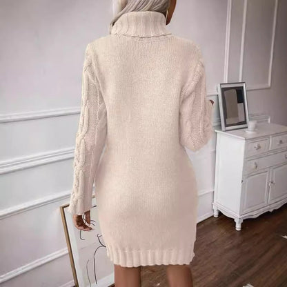 Women’s Sweater Dress – Wool Blend – Slim Fit – Cable Knit – Turtleneck – Mini Length