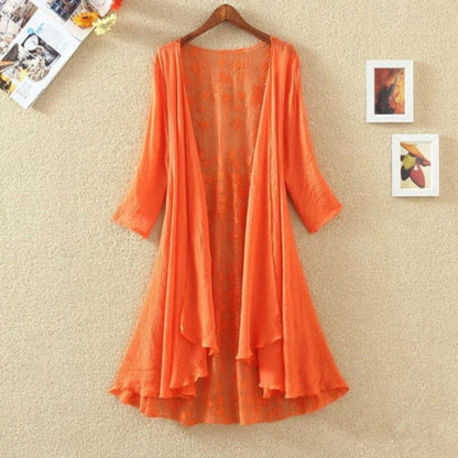 Women’s Mid-Length Cardigan – Loose Fit – Open Front – Lace Back – Breathable Blend