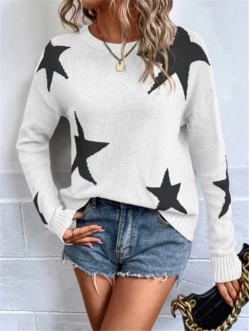 Women’s Pullover Sweater – Knitted Fabric – Loose Fit – Star Pattern – Long Sleeve Casual