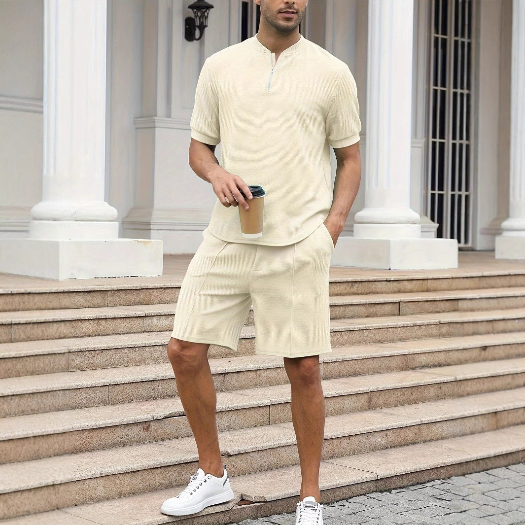 Men’s Matching Set – Waffle Knit Zip-Up Top and Shorts – Relaxed Fit – Breathable