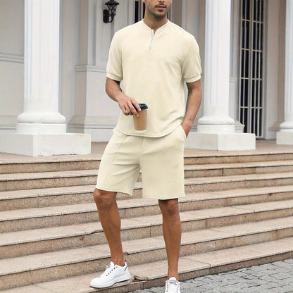 Men’s Matching Set – Waffle Knit Zip-Up Top and Shorts – Relaxed Fit – Breathable