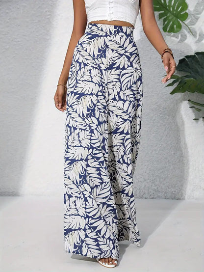 Women’s Wide-Leg Pants – High Waist – Lightweight Drape – Floral Print – Full Length