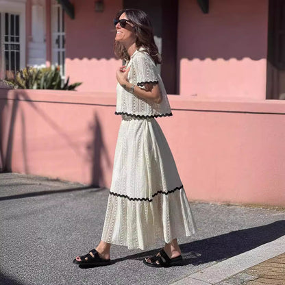 Women’s Skirt Set – Cotton Blend – Relaxed Fit – Lace Trim – Midi A-Line Skirt – Short Sleeve Top