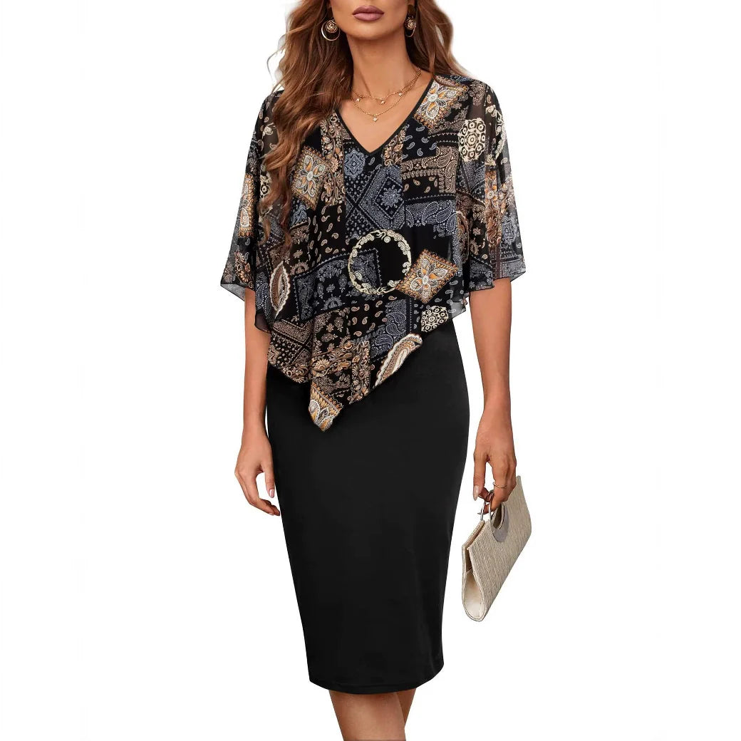 Women’s Knee Length Dress – Slim Fit – Chiffon Overlay – V-Neck Asymmetrical Hem