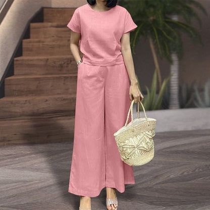 Women’s Two-Piece Set – Relaxed Fit Breathable Blend – Crew Neck Top – Wide-Leg Pants