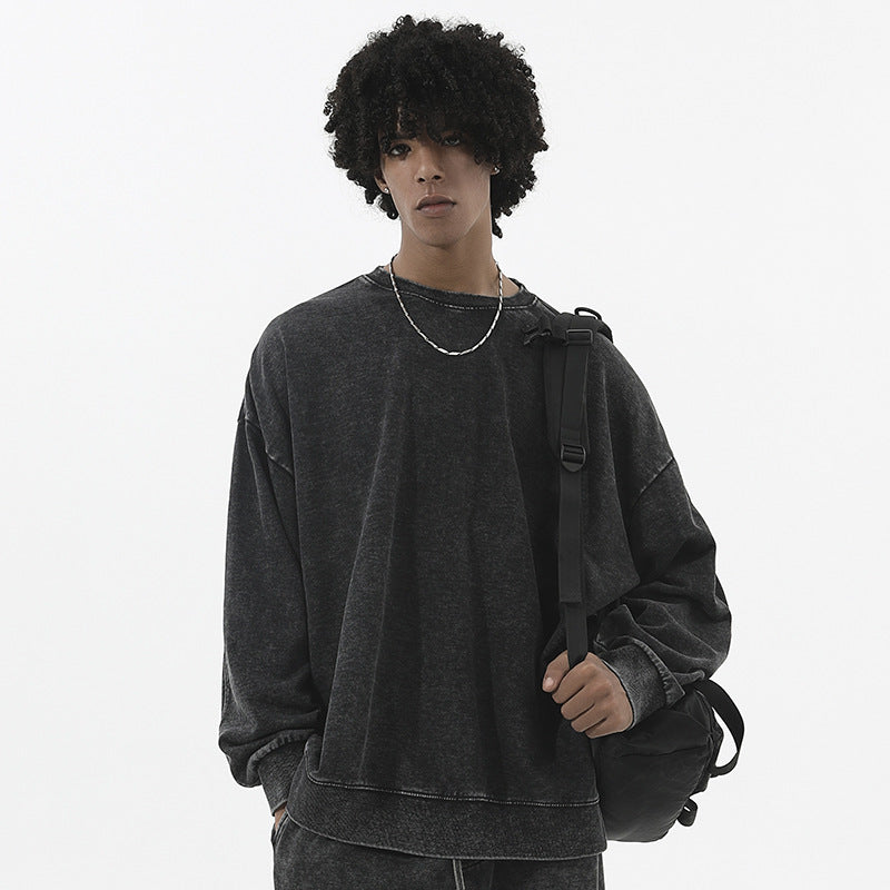 Men's Distressed Sweatshirt - Off-Shoulder Washed Look - Round Neck Casual