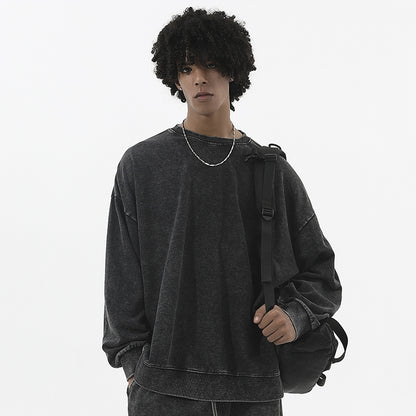 Men's Distressed Sweatshirt - Off-Shoulder Washed Look - Round Neck Casual