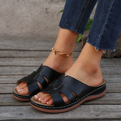 Women’s Wedge Slide Sandals – Open Toe – Cut-Out Design – Casual Everyday Comfort