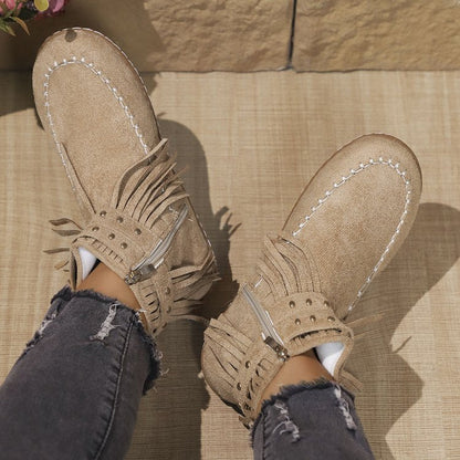 Women’s Ankle Boots – Suede Look – Fringe Detail – Metal Studs – Flat Sole Zip
