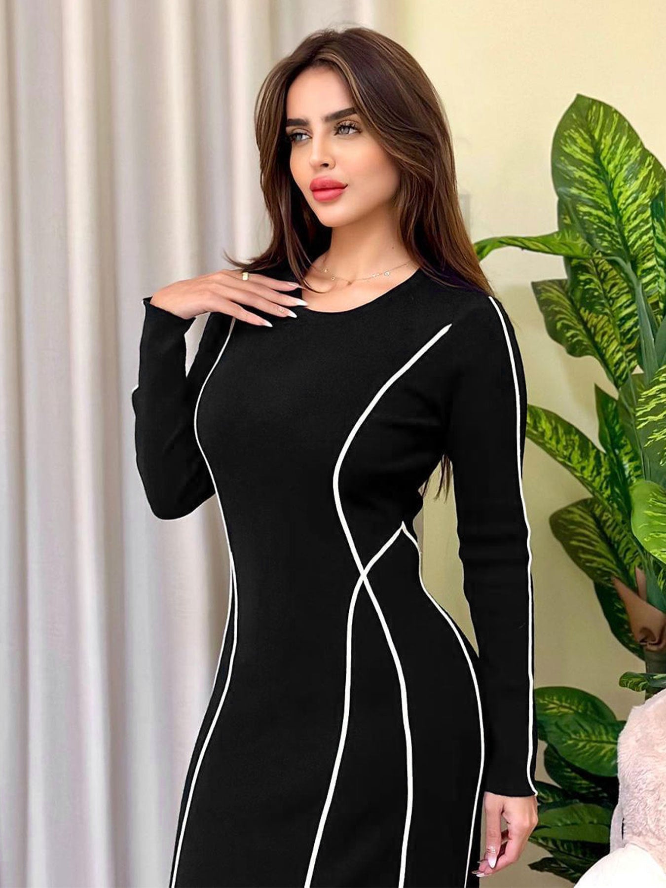 Women's Elegant Long Sleeve Maxi Dress – Contrast Stripes – Bodycon Fit