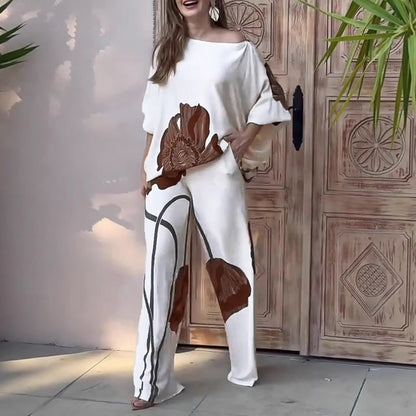 Women's Bat Sleeve Top and Straight Pants Set - Floral Print