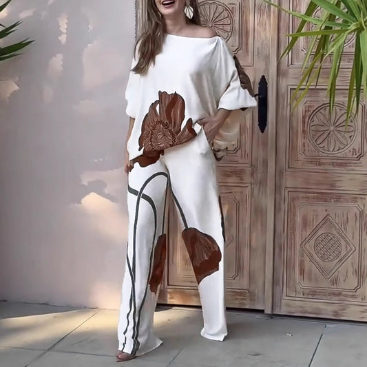 Women's Bat Sleeve Top and Straight Pants Set - Floral Print