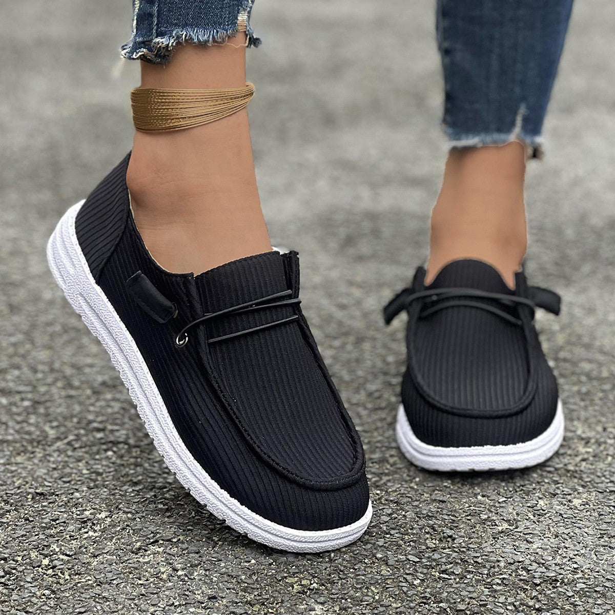 Women’s Loafers – Ribbed Texture – Slip-On Fit – Cushioned Insole Casual Shoe