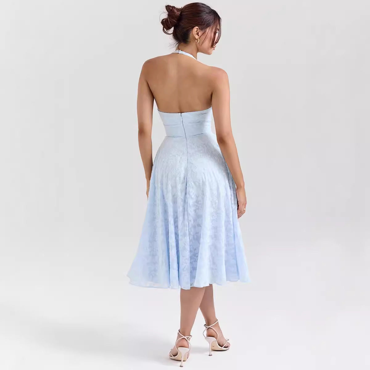 Women’s Halter Dress – Satin-Like Fabric – Slim Fit – A-Line Midi – Deep V-Neck