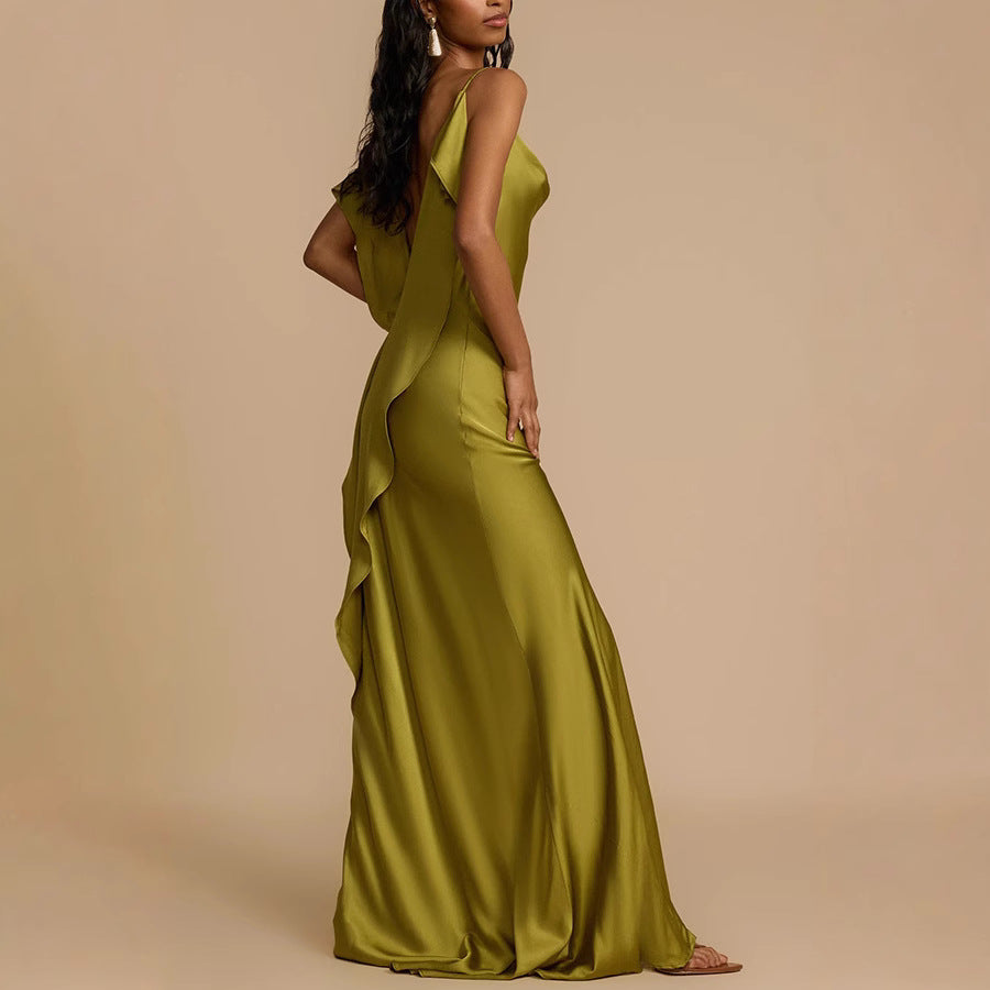 Women’s Slip Dress – Satin Finish – Cowl Neck – Spaghetti Straps – Side Slit – Relaxed Fit