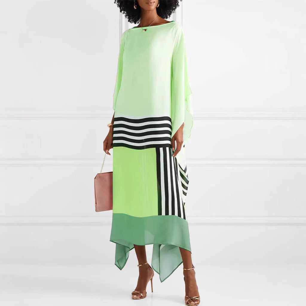 Women’s Maxi Dress – One Shoulder – Loose Fit – Asymmetrical Hem – Striped Panels