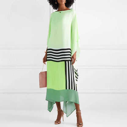 Women’s Maxi Dress – One Shoulder – Loose Fit – Asymmetrical Hem – Striped Panels