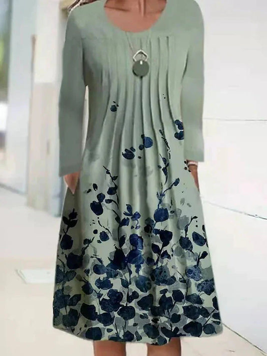 Women’s Midi Dress – A-Line Fit – Long Sleeve – Floral Detail – Cotton Blend