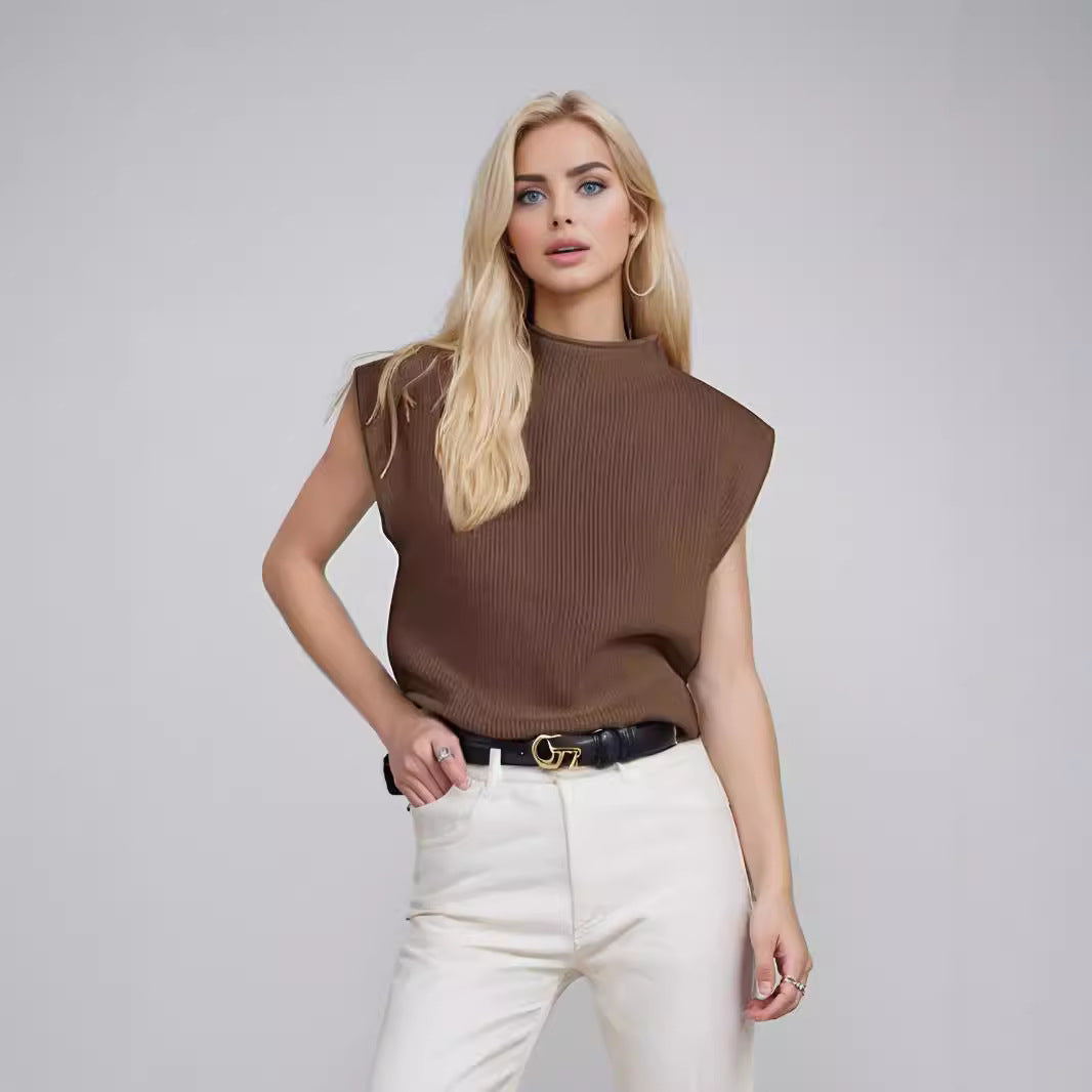 Women’s Sleeveless Turtleneck Sweater – Wool Blend Knit – Relaxed Fit – Ribbed Texture
