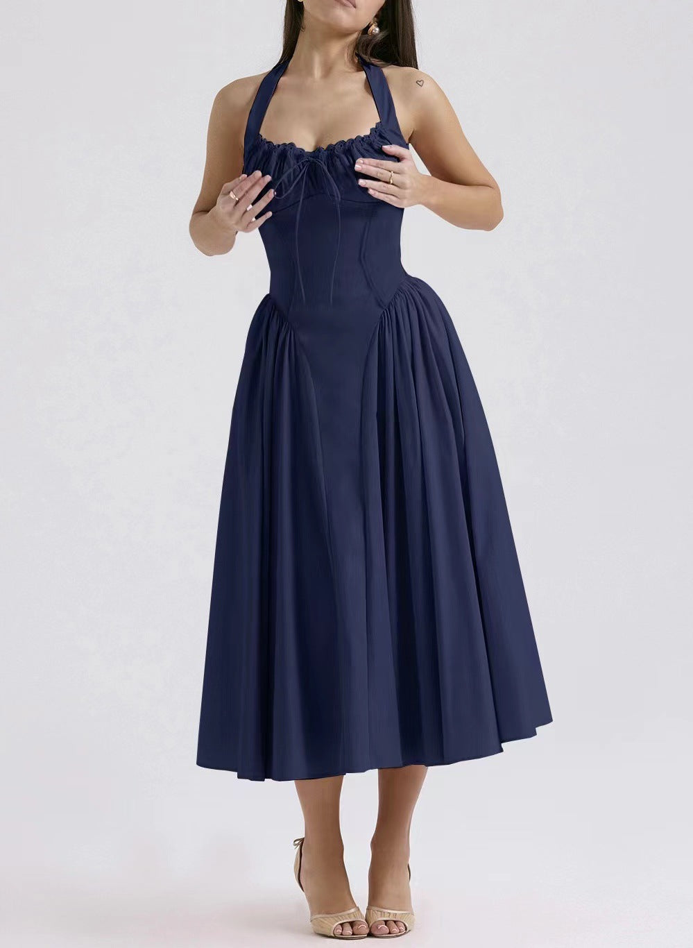 Women’s Halter Neck Dress – Slim Fit – Gathered Bodice – Backless – Midi Flared Skirt