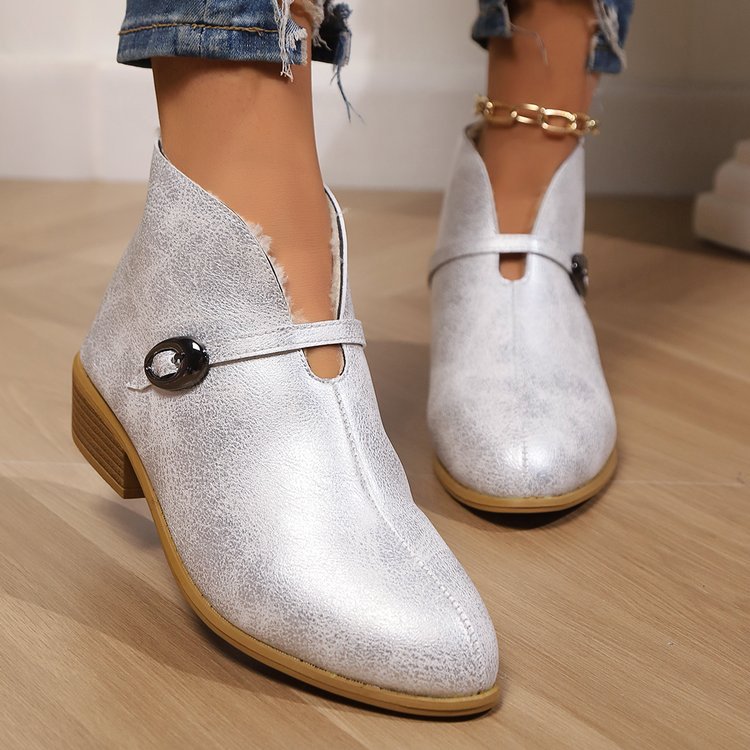 Women’s Ankle Boots – Pointed Toe – Buckle Strap – Low Block Heel – Sleek Fit