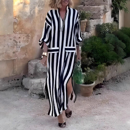 Women’s Maxi Dress – Relaxed Fit – Vertical Stripes – V-Neck – Breathable Blend