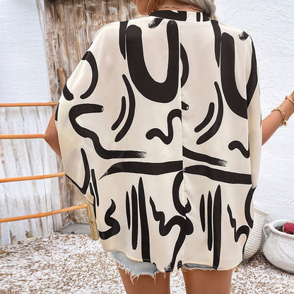 Women’s Blouse – Loose Fit V-Neck – Batwing Sleeve – Geometric Print – Breathable Blend