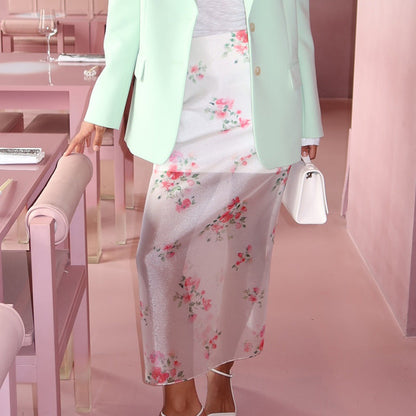 Women’s Midi Skirt – High Waist – Sheer Floral – Straight Fit