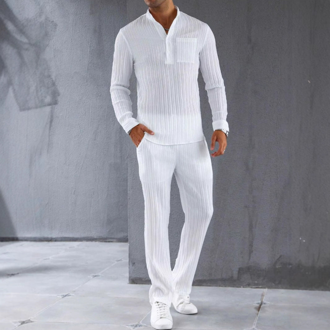 Men’s Shirt and Pants Set – Slim Fit – Ribbed Texture – Lightweight Breathable Fabric