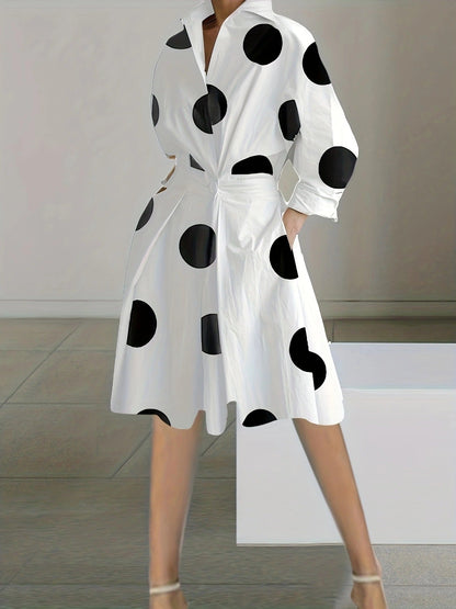 Women’s Mid-Length Dress – V-Neck – Long Sleeve – Cotton – Waist Knot – Polka Dot