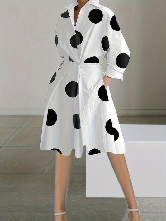 Women’s Mid-Length Dress – V-Neck – Long Sleeve – Cotton – Waist Knot – Polka Dot