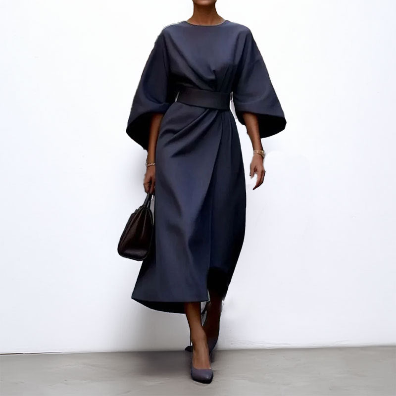 Women’s Long Dress – Satin Finish – Batwing Sleeve – Fitted Waist – Formal Wear