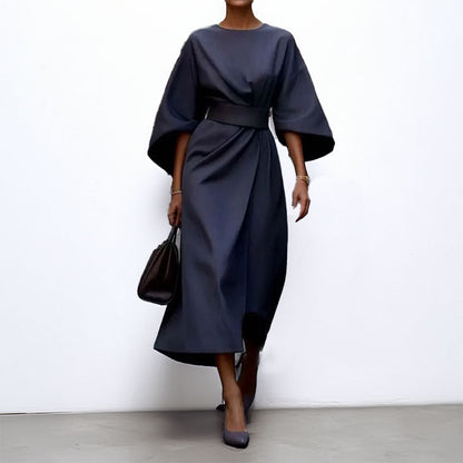 Women’s Long Dress – Satin Finish – Batwing Sleeve – Fitted Waist – Formal Wear