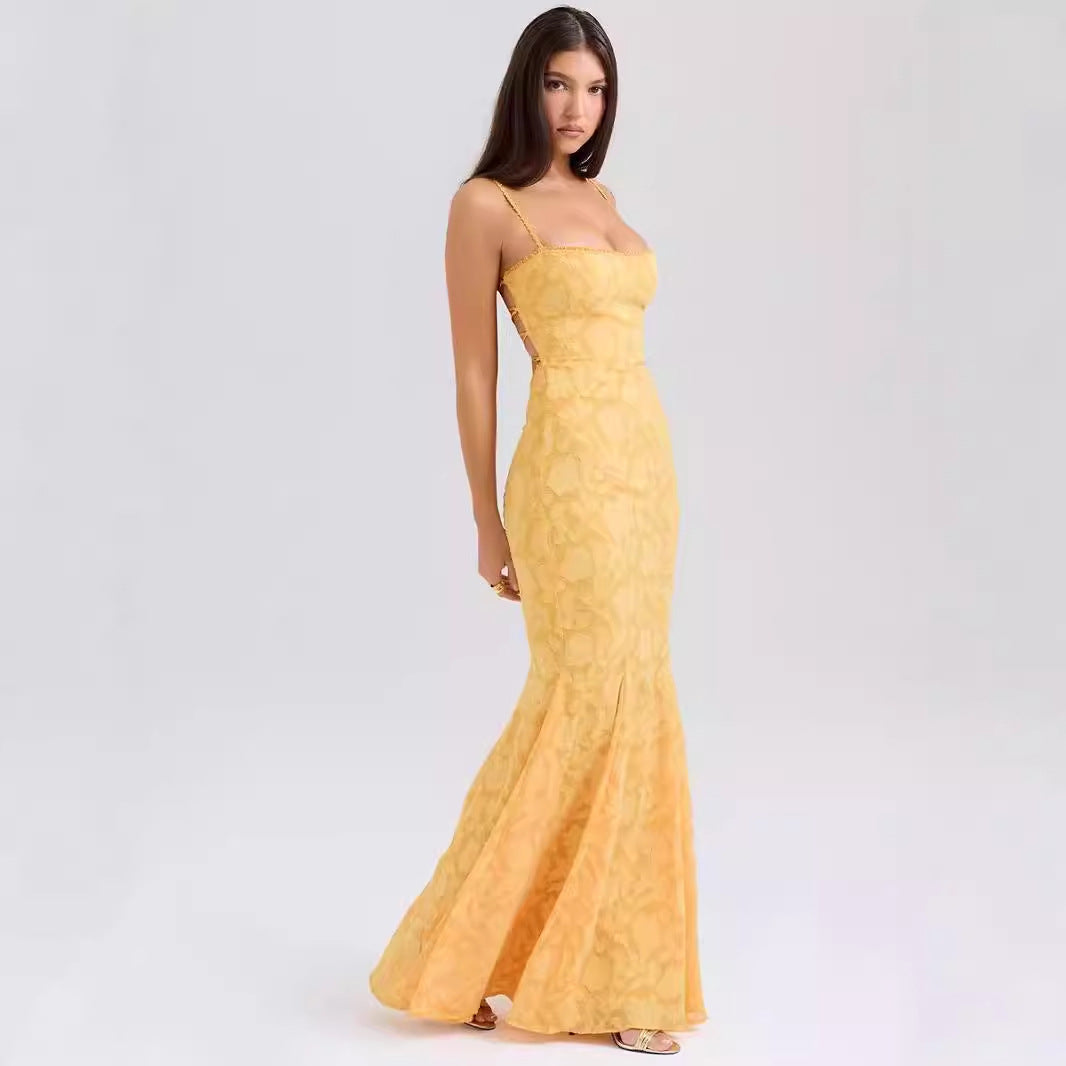 Women’s Maxi Dress – Slim Fit – Lace Trim – Spaghetti Straps – Formal Elegant Wear
