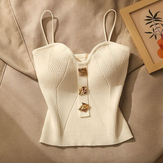 Women’s Crop Camisole – Slim Fit – Ribbed Knit – Spaghetti Straps – Gold Button Detail