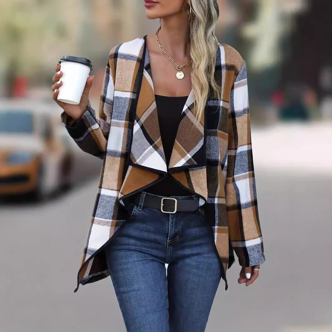 Women’s Open-Front Coat – Relaxed Fit – Soft Woven Feel – Draped Plaid Design