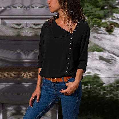 Women’s Shirt – Relaxed Fit – Cotton Feel – Asymmetrical Button Front – 3/4 Sleeve