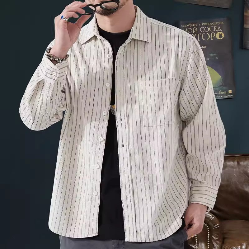 Men’s Long Sleeve Shirt – Relaxed Fit – Vertical Stripes – Breathable Cotton Casual