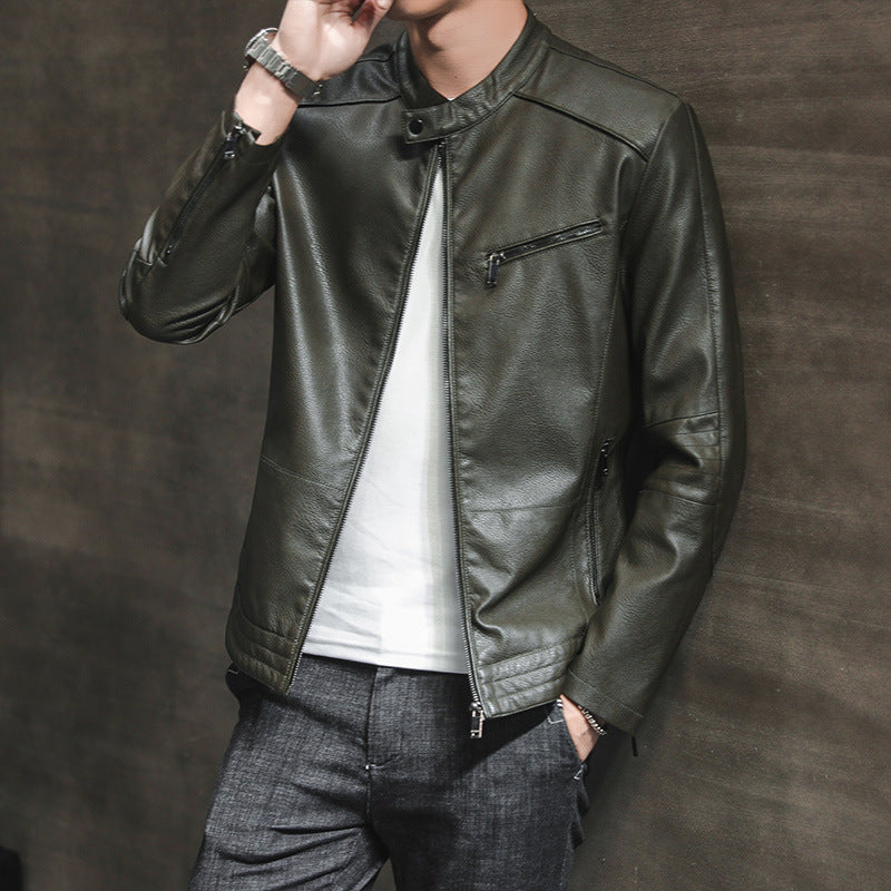 Men’s Biker Jacket – Slim Fit – Stand Collar – Zippered Pockets – Waist Length Design
