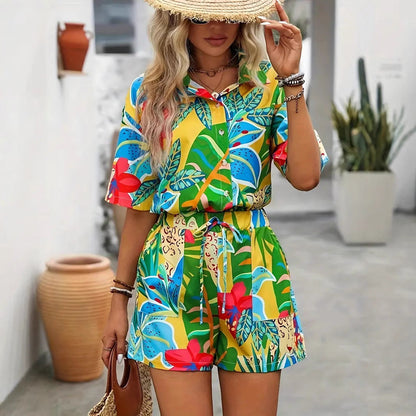 Women’s Shirt and Shorts Set – Relaxed Fit – Tropical Print – Lightweight Casual Wear