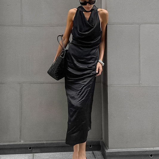 Women’s Evening Dress – Satin – Halter Neck – Draped Neckline – Slim Fit – Full Length