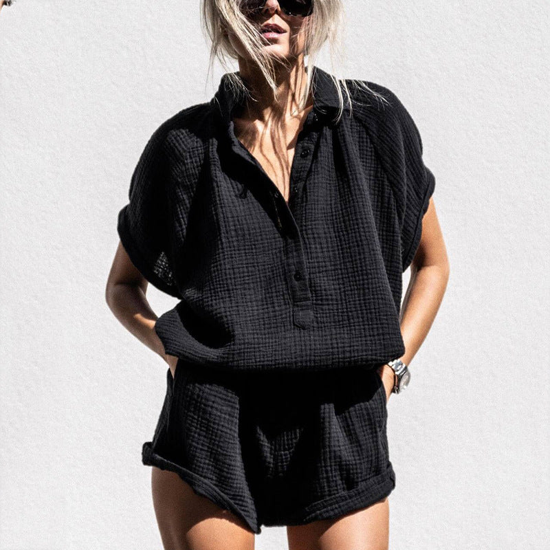 Women’s Lounge Set – Cotton Matching Top and Shorts – Relaxed Fit – V-Neck Buttons