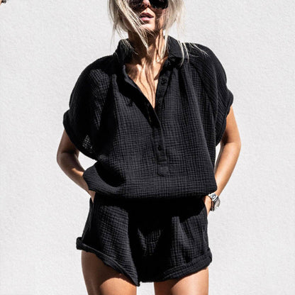 Women’s Lounge Set – Cotton Matching Top and Shorts – Relaxed Fit – V-Neck Buttons