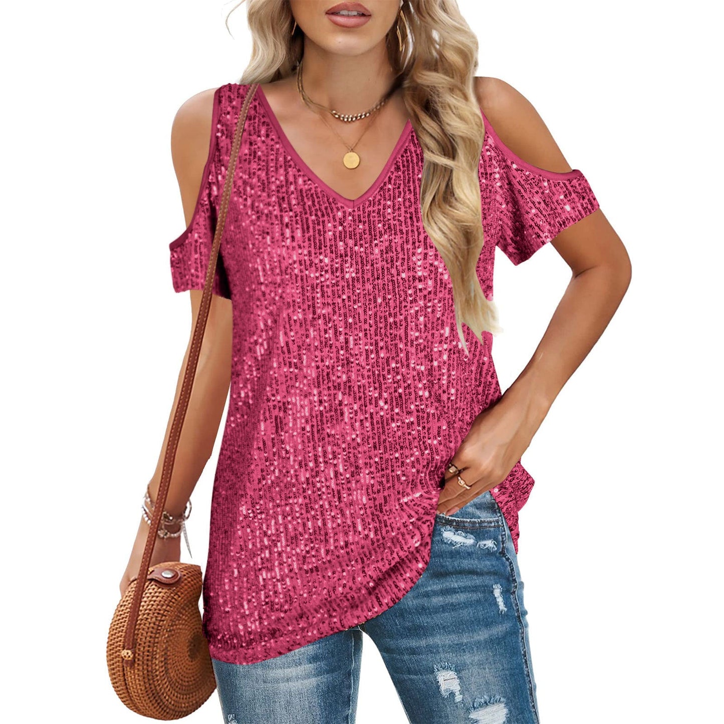 Women’s V-Neck Top – Relaxed Fit – Sequin Front – Cold Shoulder – Short Sleeve