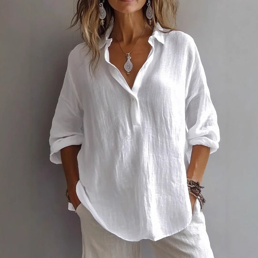 Women’s V-neck Shirt – Loose Fit – Long Sleeve – Natural Fibers – Casual Style