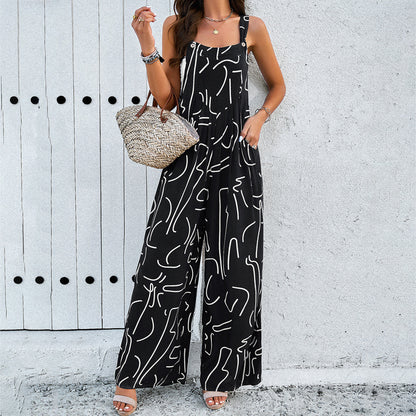 Women's Jumpsuit - Abstract Pattern - Wide Leg - Adjustable Straps