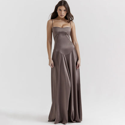 Women’s Midi Dress – Silky Fabric – Slim Fit Bodice – Spaghetti Straps – Elegant Skirt